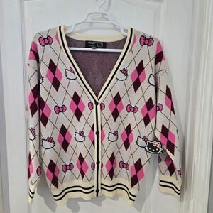 Forever 21 Hello Kitty Cardigan Women Size Med Pink Argyle Sweater NWOT